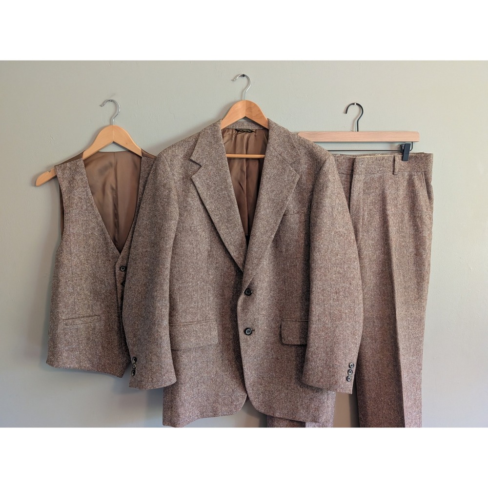 Vtg 70s Palm Beach 3 Piece Tweed Suit Brown Windowpane Wool Blazer Vest Pants 32